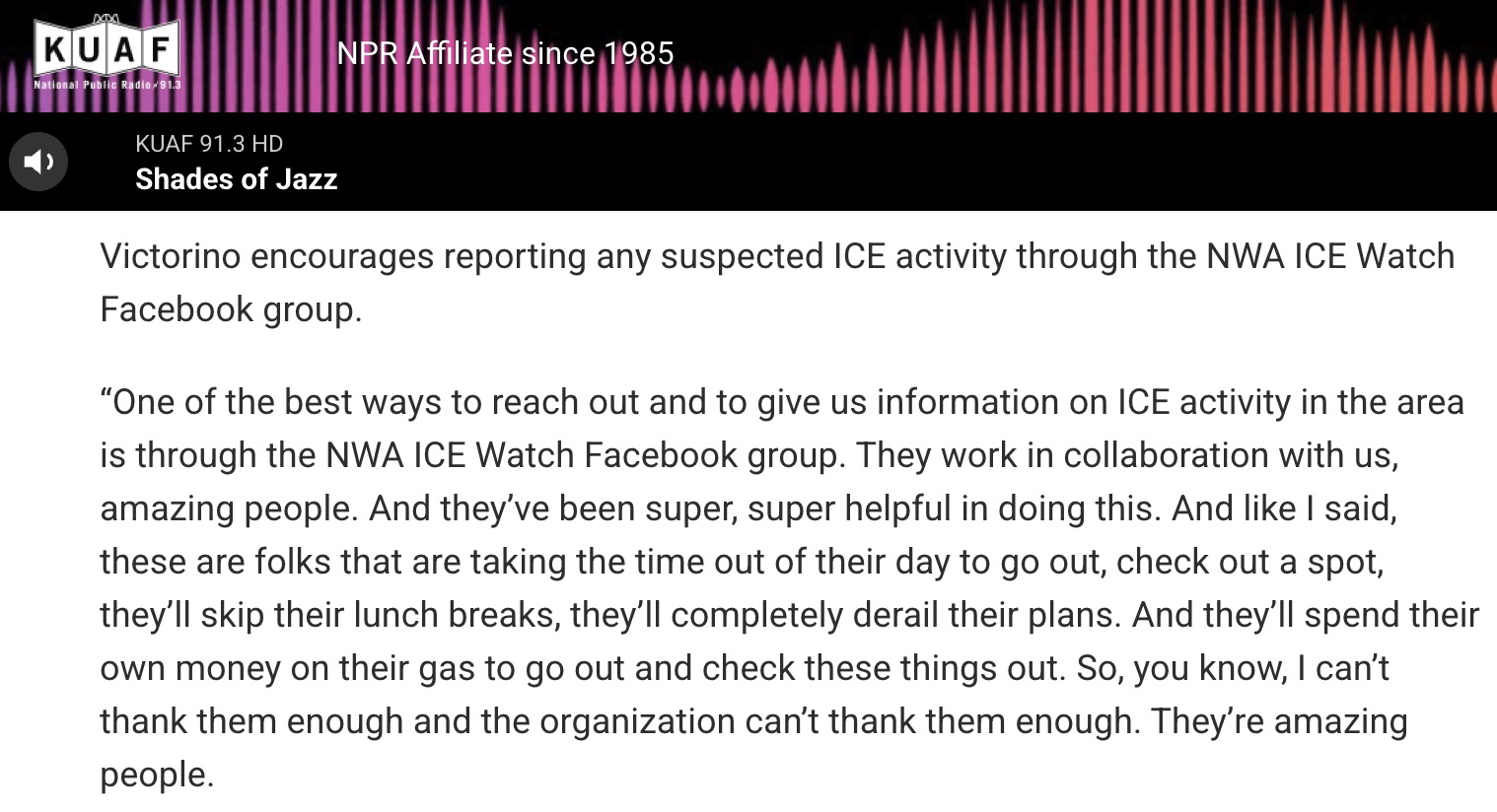 KUAF article excerpt with AIRE statement about the NWA ICE Watch Facebook group