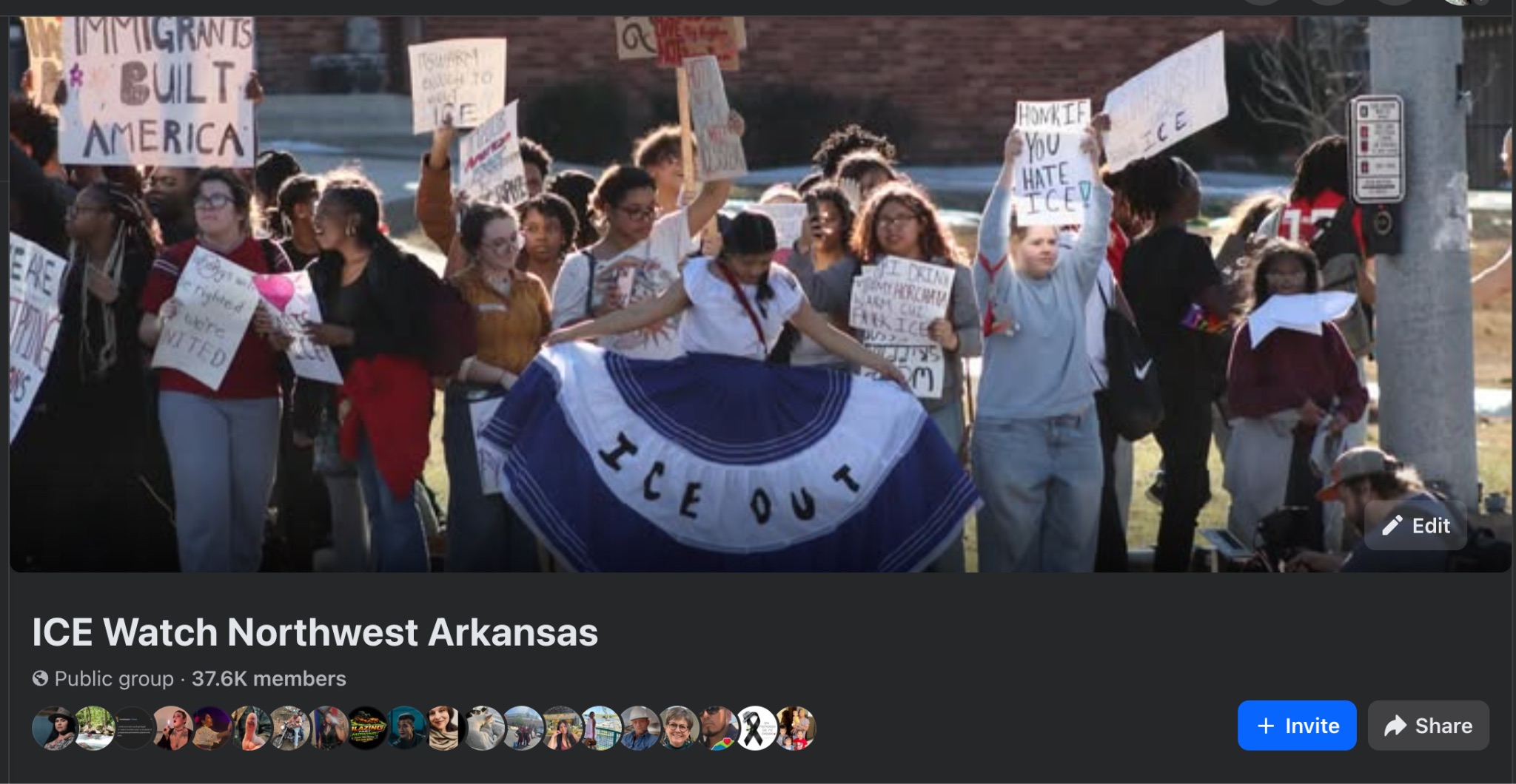 ICE Watch Northwest Arkansas Facebook group page with protest cover photo and 37.6K members